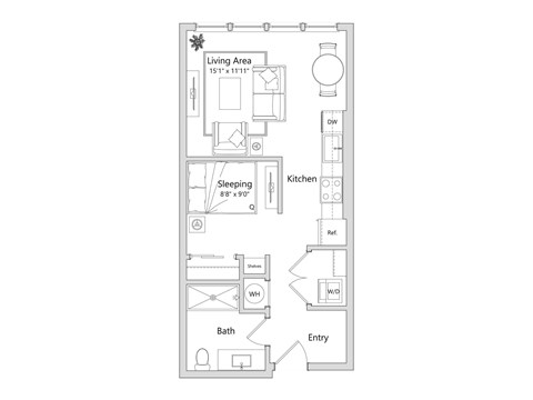 Floor plan for studio, 1 bath, 521 sqft